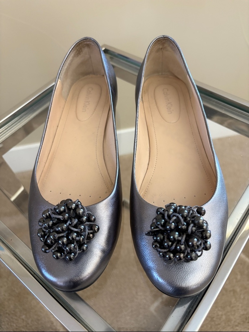 Calvin Klein Pewter Metallic Beaded Toe Ballet Flats